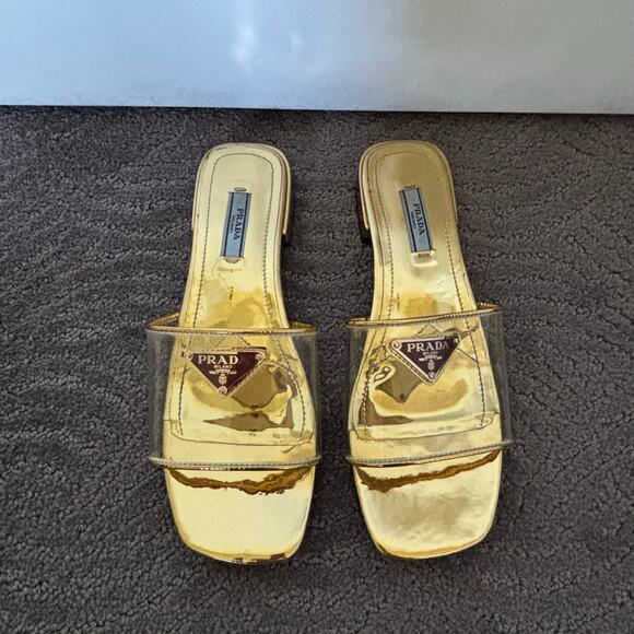 Prada Ciabatte Clear PVC Enameled Triangle Logo Flat Sandal Platino Gold Size 37 - Picture 3 of 14
